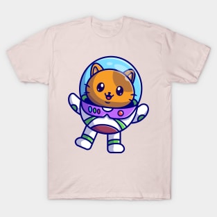 Cute Astronaut Cat Floating On Space Cartoon T-Shirt